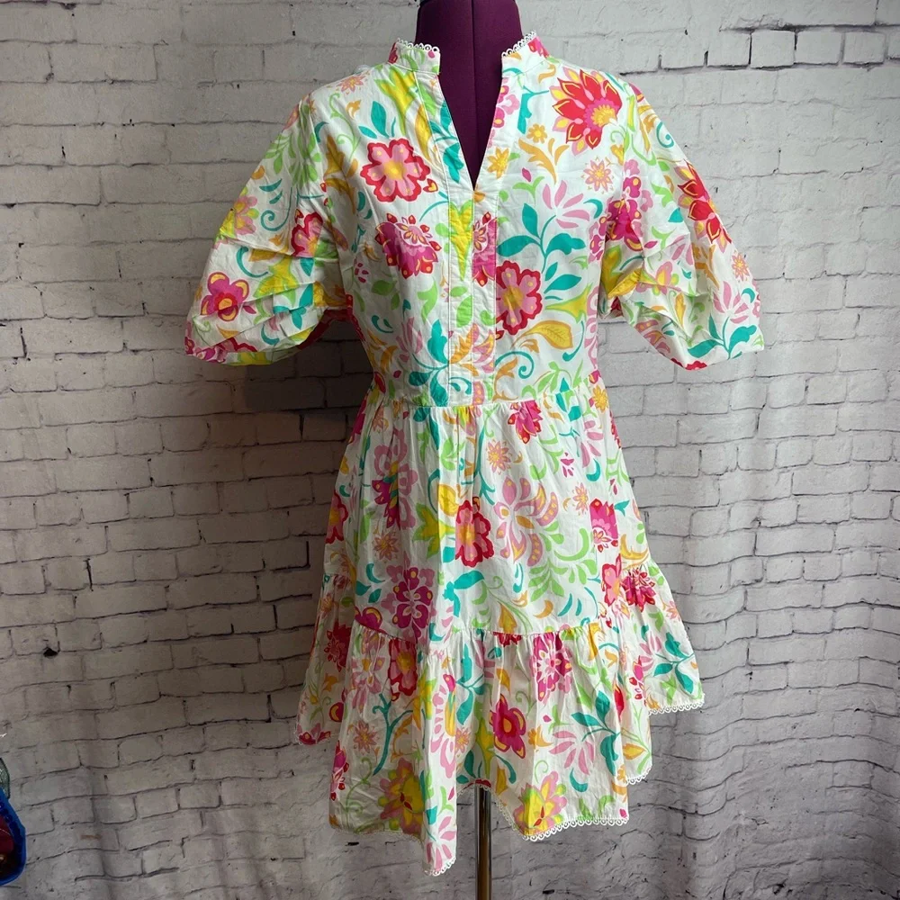 Fate size small puff sleeve tiered mini dress bright floral print